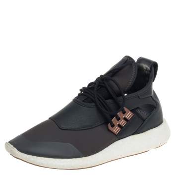 Pre Owned Adidas Y-3 Olive Green/Gray Leather And Stretch Fabric Qasa Elle Sneaker Size 37.5