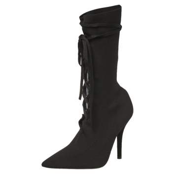 Pre Owned Yeezy Black Knit Sock Lace Up Boots Size 36.5