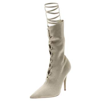 Pre Owned Yeezy Beige Knit Sock Lace Up Boots Size 36.5