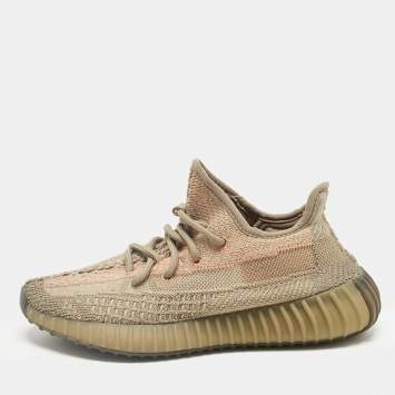 Pre Owned Yeezy x Adidas Brown Knit Fabric Boost 350 V2 Sand Taupe Sneakers Size 36 2/3