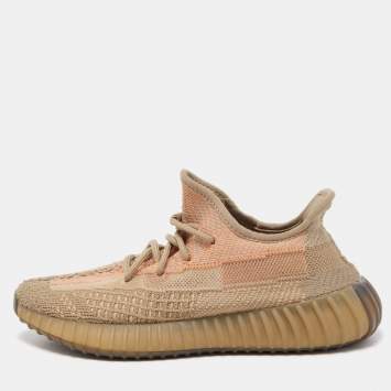 Pre Owned Yeezy x Adidas Brown Knit Fabric Boost 350 V2 Sand Taupe Sneakers Size 38 2/3