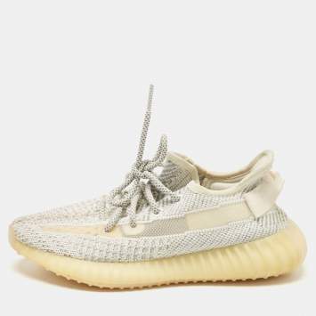 مملوكة مسبقًا Yeezy x Adidas White/Grey Knit Fabric Boost 350 V2 Static Reflective Sneakers Size 38 2/3