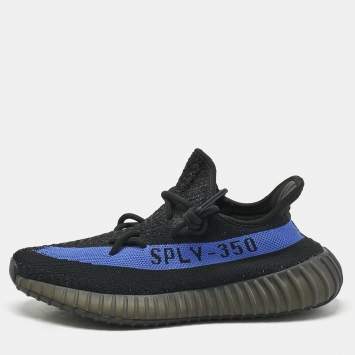 Pre Owned Yeezy x Adidas Black Knit Fabric Boost 350 V2 Dazzling Blue Sneakers Size 40 2/3