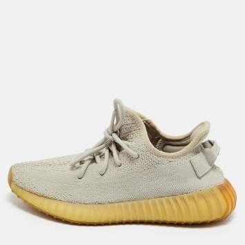 Pre Owned Yeezy x Adidas Grey Knit Fabric Boost 350 V2 Low Top Sneakers Size 38