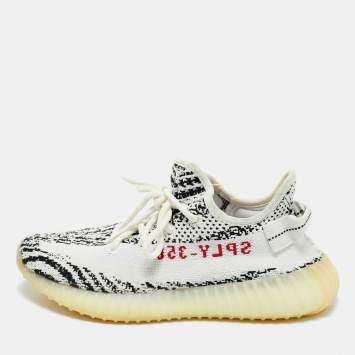 Pre Owned Yeezy x Adidas White/Black Knit Fabric Boost 350 V2 Lace Up Sneakers Size 38.5
