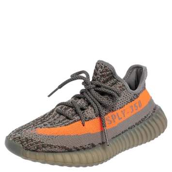 Pre Owned Yeezy x adidas Grey/Orange Knit Fabric Boost 350 V2 Beluga Sneakers Size 38