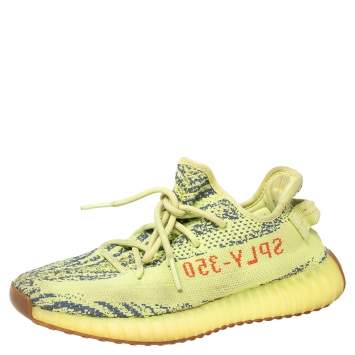 Pre Owned Yeezy x Adidas Boost 350 V2 Semi Frozen Green Knit Fabric Lace Up Sneakers Size 40