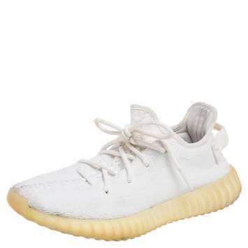 Pre Owned Yeezy x Adidas Cotton Knit Boost 350 V2 Triple White Sneakers Size FR 40