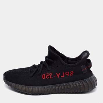 Pre Owned Yeezy x Adidas Black/Red Knit Fabric Boost 350 V2 Low-Top Sneakers Size 40