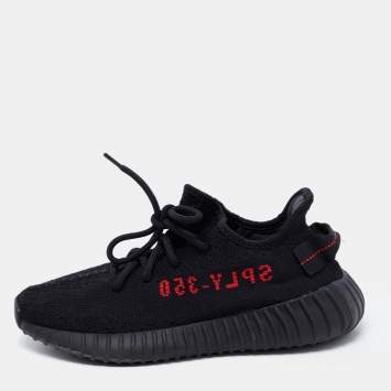 Pre Owned Yeezy x Adidas Black/Red Knit Fabric Boost 350 V2 Bred Sneakers Size 38