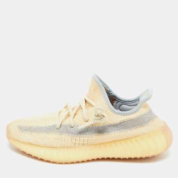 Pre Owned Yeezy x Adidas Light Yellow/Blue Knit Fabric Boost 350 V2 Linen Sneakers Size 38 2/3