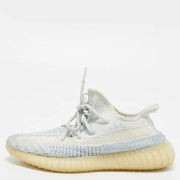 Pre Owned Yeezy x Adidas Blue/White Knit Fabric Boost 350 V2 Cloud- White Sneakers Size 39 1/3