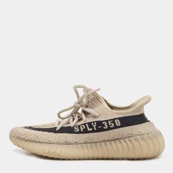 Pre Owned Yeezy x Adidas Brown Knit Fabric Boost 350 V2 Slate Sneakers Size 38