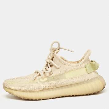 Pre Owned Yeezy x Adidas Cream Knit Fabric Boost 350 V2 Flax Sneakers Size 40