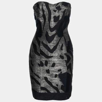 Pre Owned Yigal Azrouel Black and Bronze Wool Jacquard Strapless Dress S