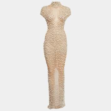 Pre Owned Yousef Al Jasmi Cream Pearl Embellished Tulle Sheer Evening Dress S
