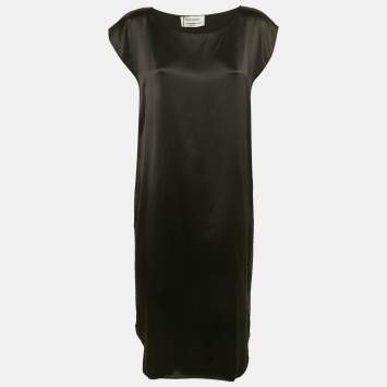 Pre Owned Yves Saint Laurent Black Silk Satin Midi Dress L