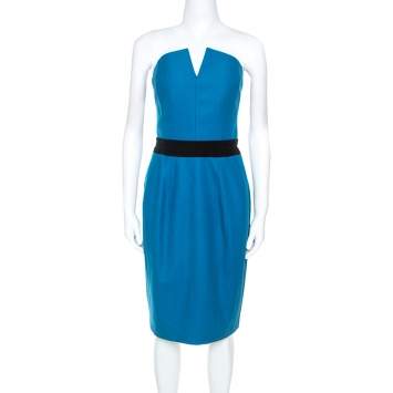 Pre Owned Yves Saint Laurent Teal Wool Strapless Dress S