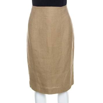 Pre Owned Yves Saint Laurent Beige Linen Pencil Skirt M