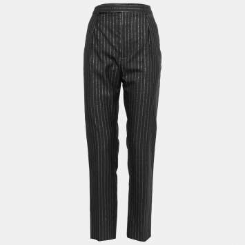 Pre Owned Yves Saint Laurent Black Wool Pinstriped High Waisted Pants M