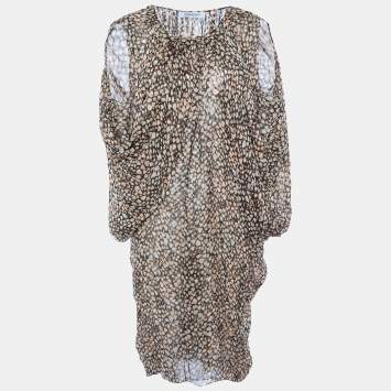 Pre Owned Yves Saint Laurent Brown Printed Silk Draped Midi Dress L