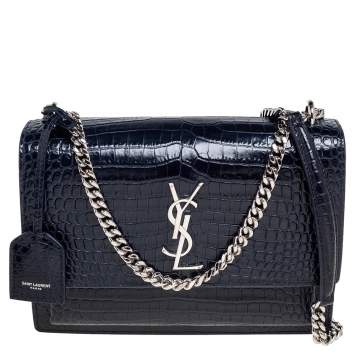 Pre Owned Yves Saint Laurent Paris Dark Blue Croc Embossed Leather Sunset Shoulder Bag