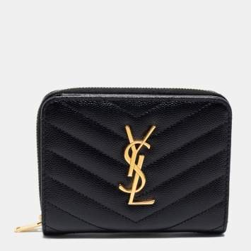 Pre Owned Saint Laurent Black Matelassé Leather Monogram Compact Wallet
