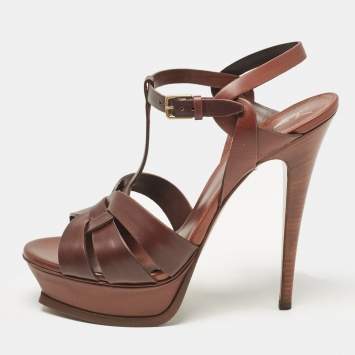 Pre Owned Yves Saint Laurent Brown Leather Tribute Platform Sandals Size 40