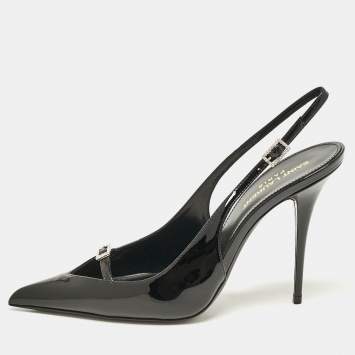 Pre Owned Saint Laurent Black Patent Leather Luna 105 Slingback Pumps Size 38.5