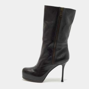 Pre Owned Yves Saint Laurent Black Leather Tribtoo Platform Ankle Boots Size 39