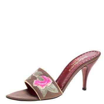 Pre Owned Yves Saint Laurent Vintage Beige Embroidered Satin Open Toe Sandals Size 38.5