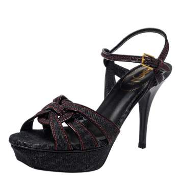 Pre Owned Yves Saint Laurent Black Denim Tribute Platform Ankle Strap Sandals Size 38.5