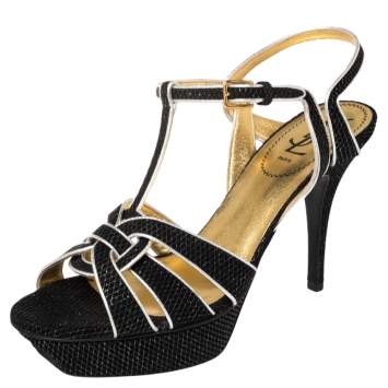 Pre Owned Yves Saint Laurent Black/Silver Textured Suede And Leather Tribute Platform Ankle Strap Sandals Size 39.5