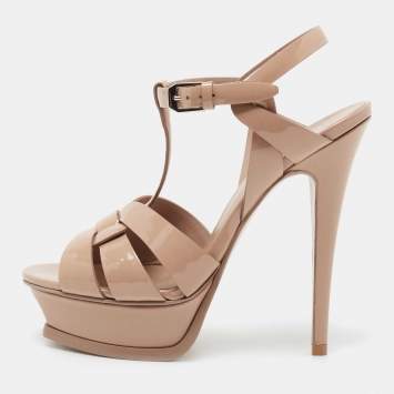 Pre Owned Yves Saint Laurent Beige Patent Leather Tribute Platform Sandals Size 35.5