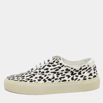 Pre Owned Yves Saint Laurent White/Black Canvas and Leather Low Top Sneakers Size 36