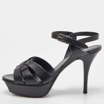 مملوكة مسبقًا Yves Saint Laurent Black Leather Tribute Sandals Size 37