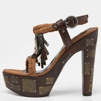 مملوكة مسبقًا Yves Saint Laurent Brown Leather and Canvas Embellished Platform Ankle Strap Sandals Size 38