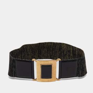 مملوك ة مسبقًا Yves Saint Laurent Gold/Black Elastic and Leather Waist Belt 65 CM