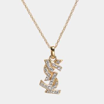 Pre Owned Yves Saint Laurent Gold Tone Crystal Logo Necklace
