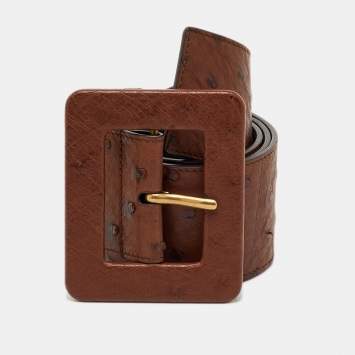 Pre Owned Yves Saint Laurent Brown Ostrich Leather Buckle Wide Belt 80CM