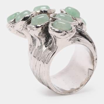 Pre Owned Yves Saint Laurent Arty Dots Green Cabochon Silver Tone Ring Size 49