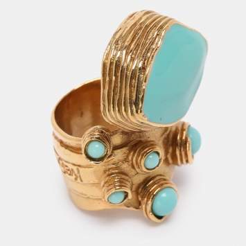 Pre Owned Yves Saint Laurent Arty Dots Green Cabochon Gold Tone Ring Size 49