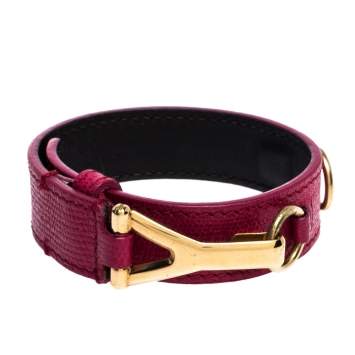 Pre Owned Yves Saint Laurent Pink Leather Gold Tone Y Hook Bracelet 
