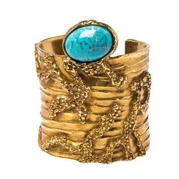 Pre Owned Yves Saint Laurent Turquoise Glass Cabochon Gold Tone Arty Bracelet M