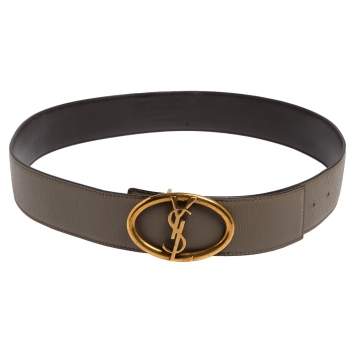 Pre Owned Yves Saint Laurent Grey Leather Logo Oval Buckle Belt 80CM