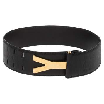 Pre Owned Yves Saint Laurent Black Leather Y Buckle Belt 70CM