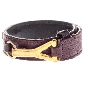 Pre Owned Yves Saint Laurent Purple Leather Gold Tone Y Hook Bracelet