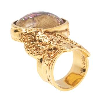 Pre Owned Yves Saint Laurent Green Glass Cabochon Gold Tone Arty Ring Size 56