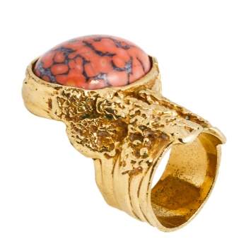 Pre Owned Yves Saint Laurent Coral Cabochon Gold Tone Arty Ring SIze EU 57