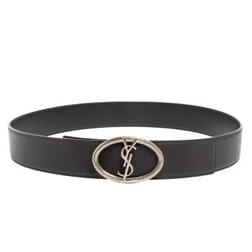 Pre Owned Yves Saint Laurent Grey/Black Leather Monogram Round Belt 95CM